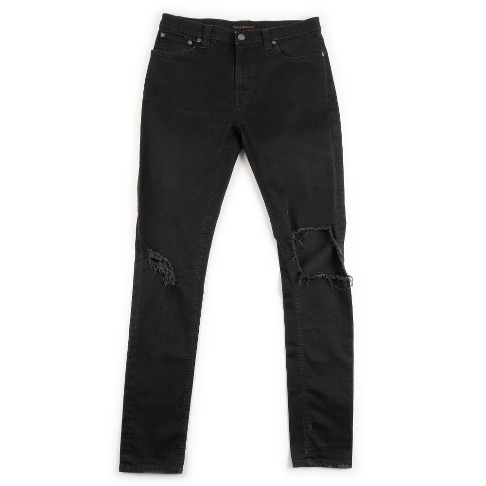 NUDIE JEANS black distressed skinny jeans organic cotton size 33x34